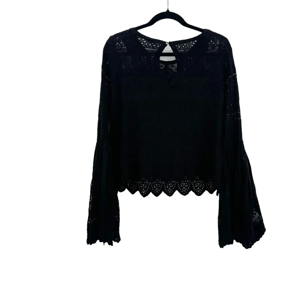 Free People Once Upon A Time Lace Bell Sleeves Top In Black Size S NWOT